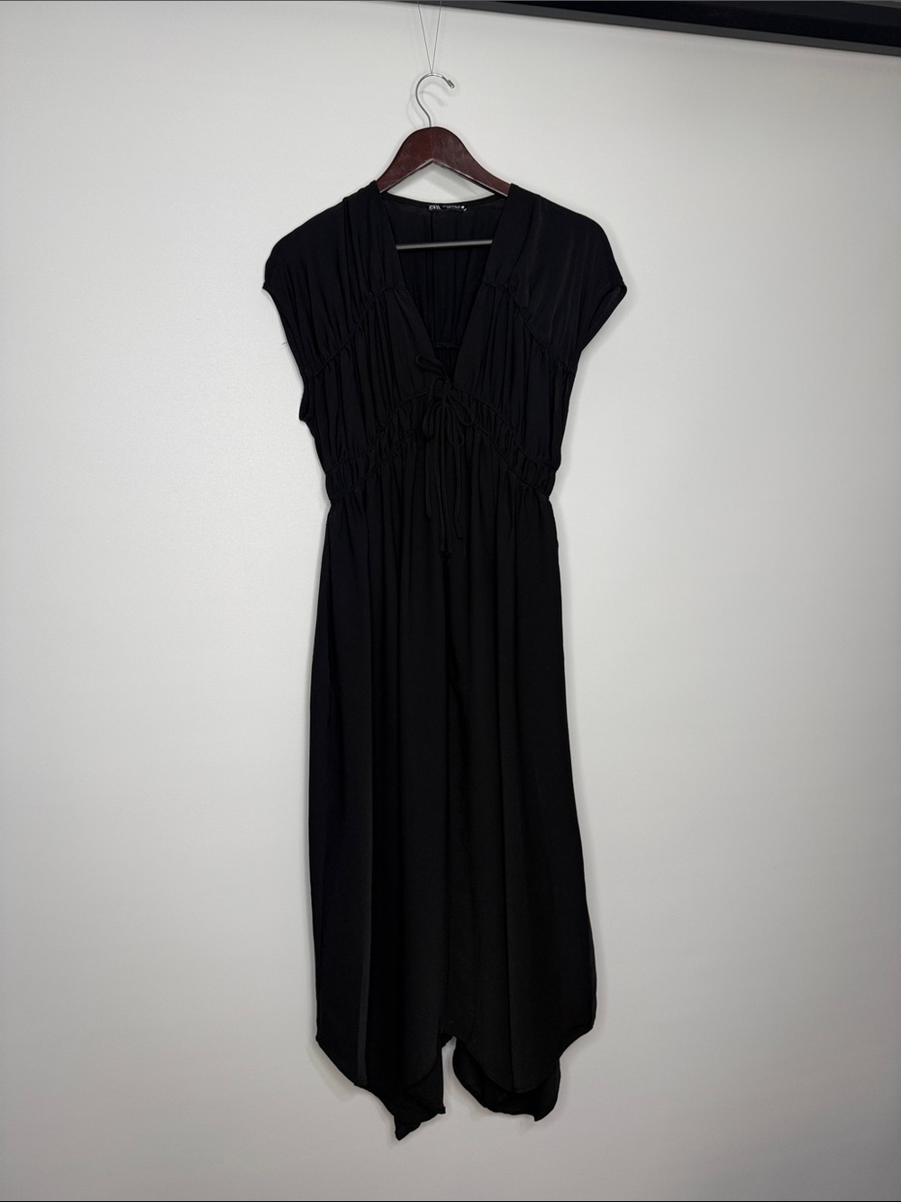 Zara Black Front Tie Asymmetric Hem Midi Dress Size Small